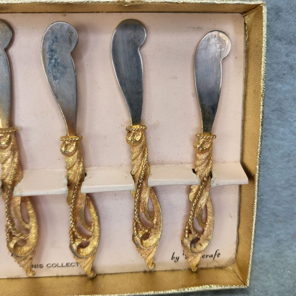 Tancraft Hors Doeuvres Knives 24kt Gold Plated Set of 6 Janis Collection Vtg Box